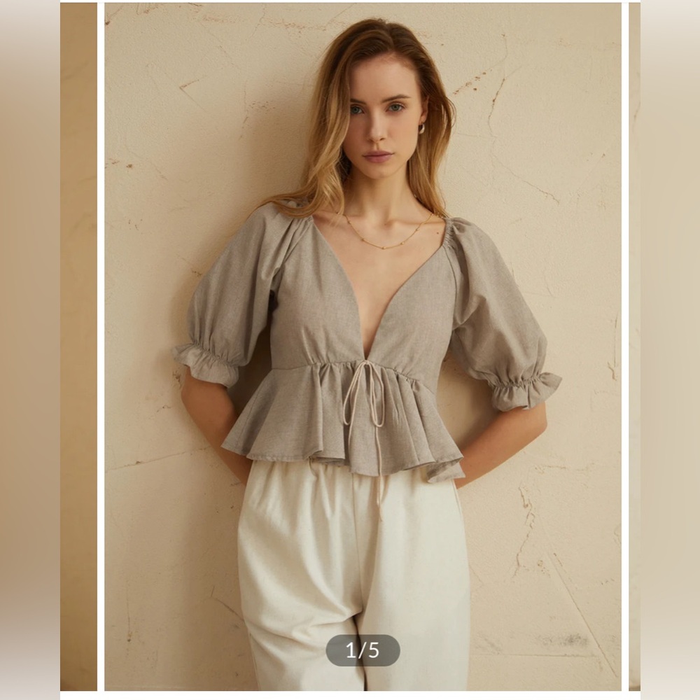 NWT Commense Cotton & Linen Backless Ruffle Knotted Blouse Size L